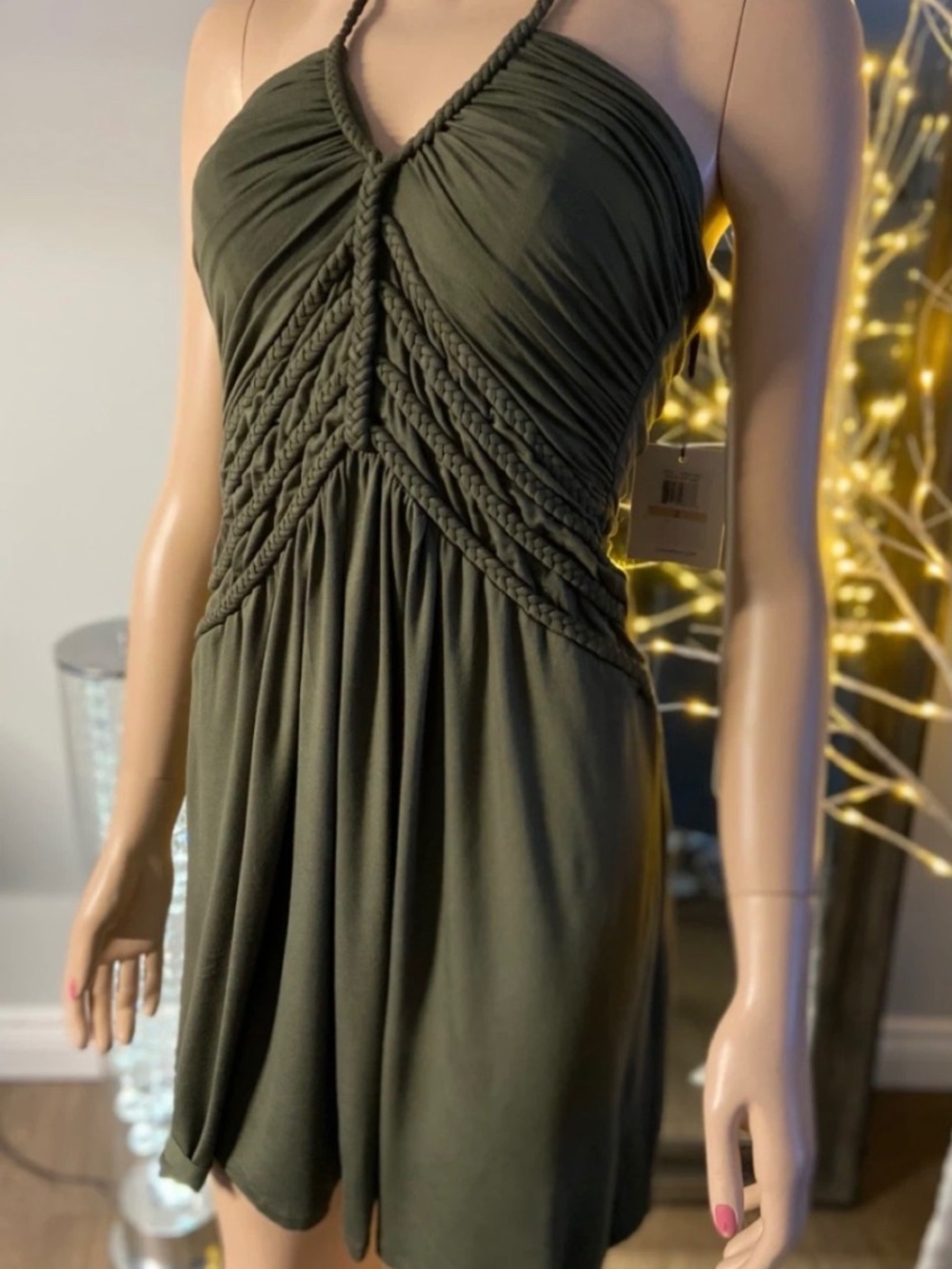 NWT: Calvin Klein Women's Green Jersey Stretch Braided V-Neck Casual Halter Dres